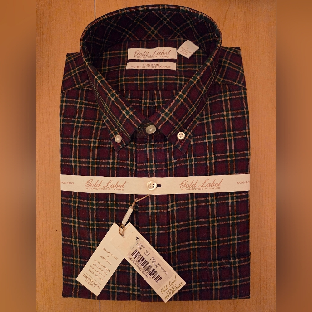 Mens Large Nwt Roundtree & Yorke Plaid Button Down Shirt - Red and Green